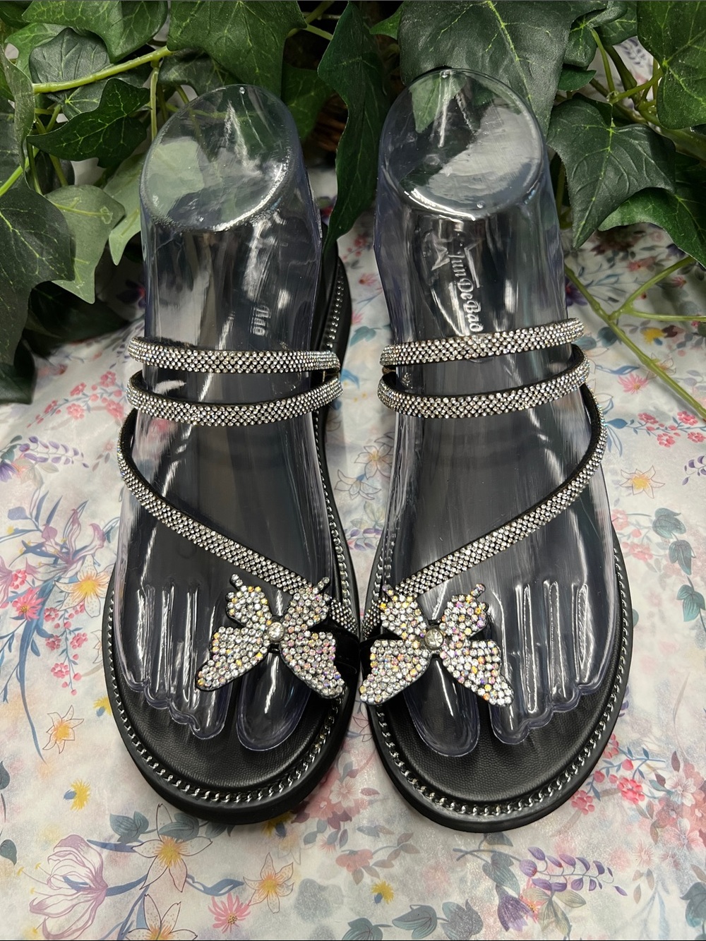 NWT-Crystal Butterfly Black Strap Sandals - Women size 7